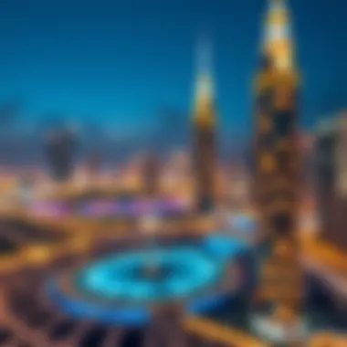 Bloom Towers Illuminating Dubai's Skyline at Dusk A panoramic view of Dubai's skyline featuring Bloom Towers illuminated at dusk.