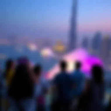 Visitor Experience at Burj Khalifa Water Show Visitors enjoying the Burj Khalifa water show from a scenic viewpoint