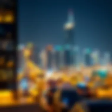 Vibrant cityscape of Business Bay at night with prominent lights and skyline