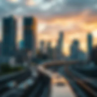 A city skyline highlighting the integration of metro systems in urban planning