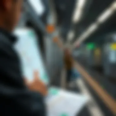 User Interaction with Metro Maps Close-up of a user engaged with a metro map in an urban environment