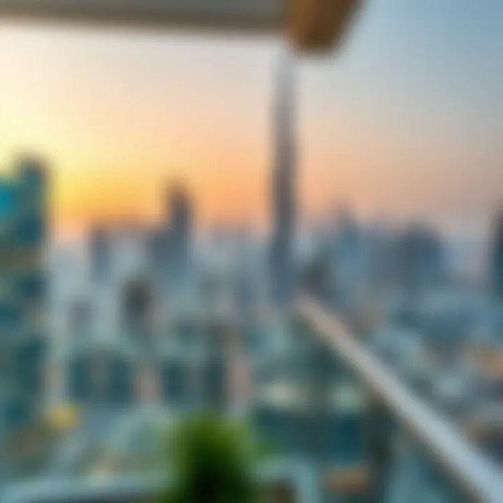 Panoramic view of Dubai skyline from a studio balcony