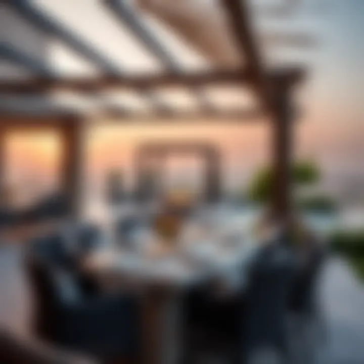 An outdoor dining space with a scenic view