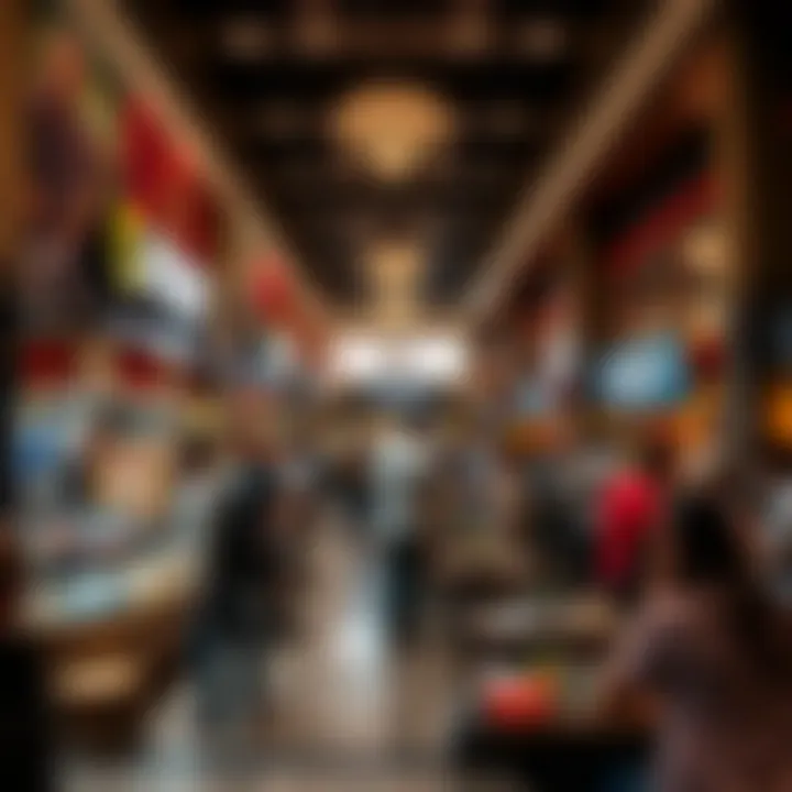 A panoramic view of the food court bustling with diners.