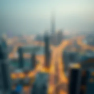 Dubai Skyline from Al Ferdous Building Panoramic view of Dubai skyline from Al Ferdous Building