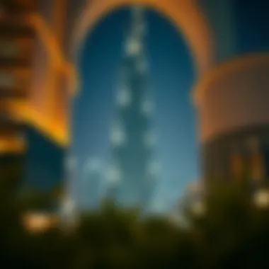 Nighttime view of Arch Tower illuminated, reflecting its grandeur and urban significance