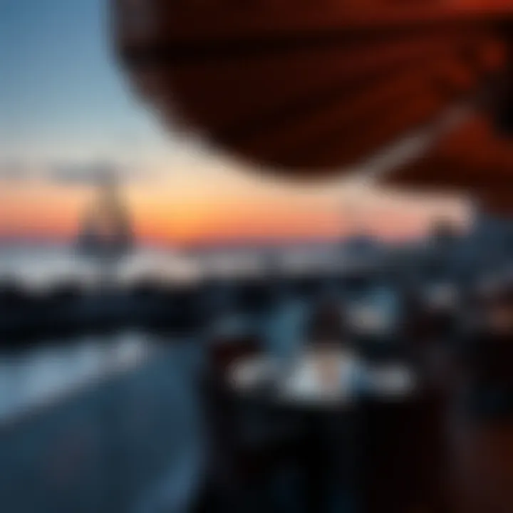 Panoramic sunset view over the waterfront dining area of Bluewaters
