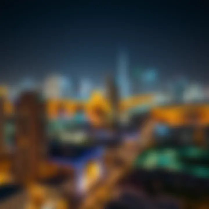 Night shot of Garhoud Views illuminating Dubai's skyline
