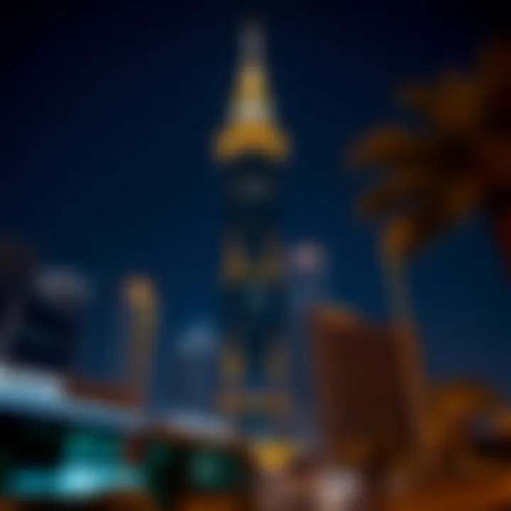 Night view of Mahimat Tower illuminated against the night sky