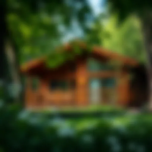 Chalet exterior view with lush greenery