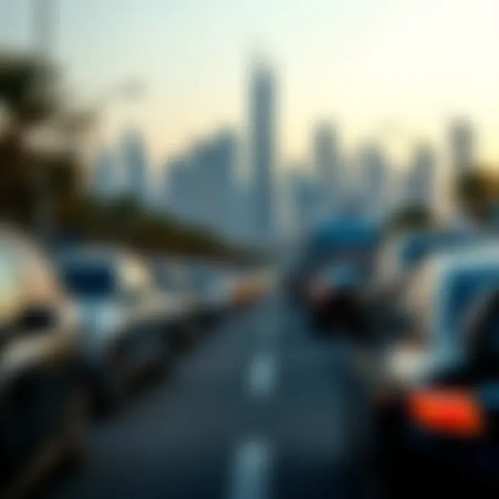 Dubai skyline with cars parked along the road