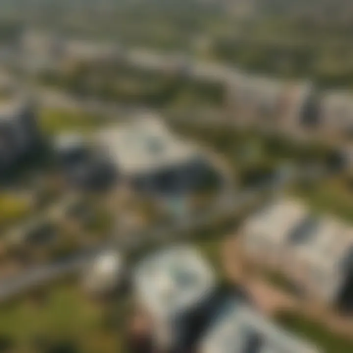 Aerial view of دار الوصل showcasing modern architecture and lush greenery
