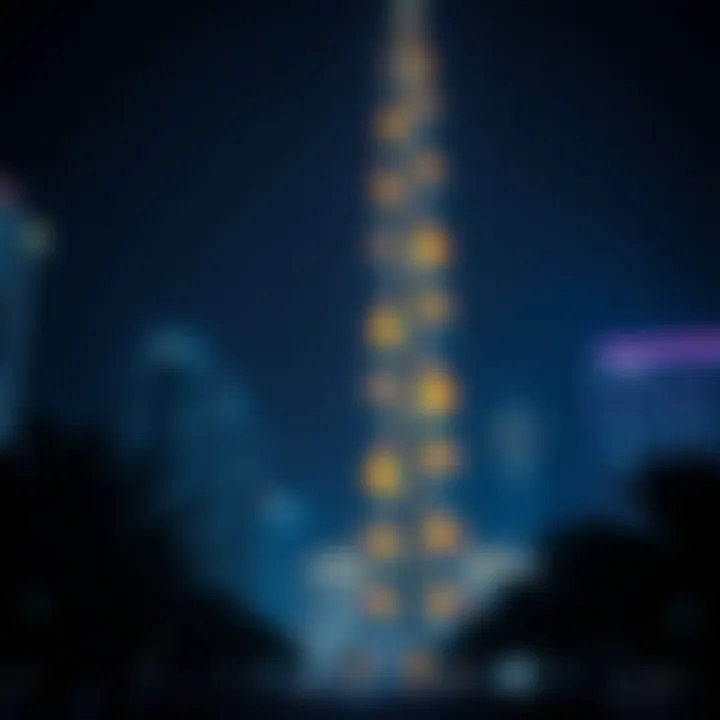 Nighttime view of Maze Tower illuminated, reflecting the vibrancy of Dubai's nightlife