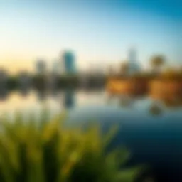 Tranquil waters of Pond Park reflecting the skyline