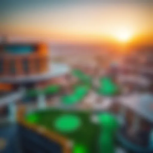 Aerial view of TopGolf Dubai showcasing its modern architecture