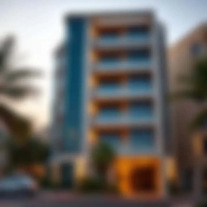 Exterior view of a modern two-bedroom apartment building in Deira, Dubai
