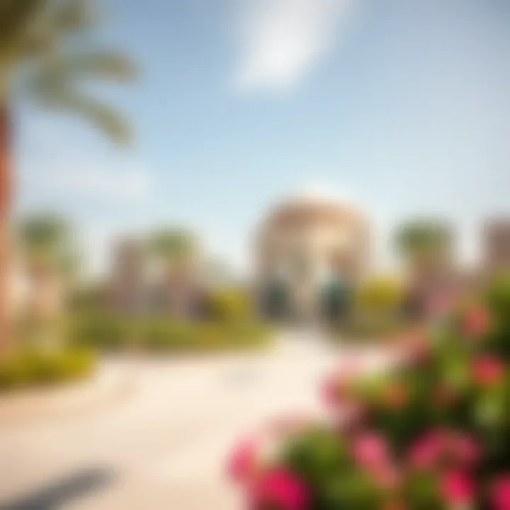 Architectural features of a prominent structure within the Gardens of Jebel Ali, blending nature and modern design.