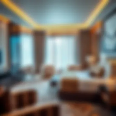 Elegant Hotel Room Experience A spacious hotel room with elegant furnishings and amenities.