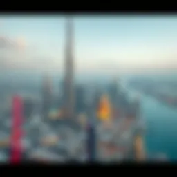 A panoramic view of Dubai skyline highlighting iconic buildings