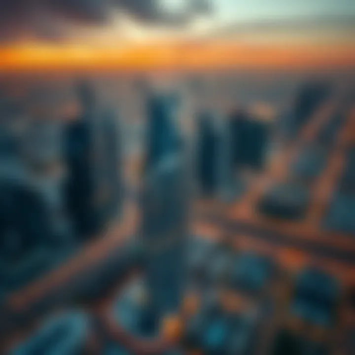 Aerial view of Dubai highlighting the Stadium Point Building's location