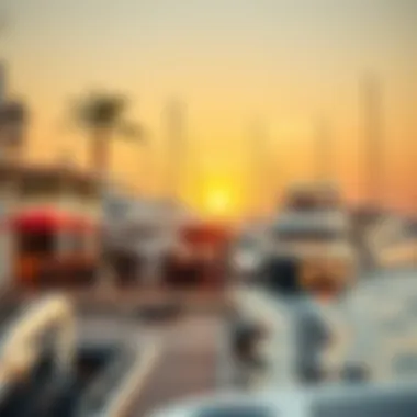 A vibrant marina lifestyle scene with yachts and cafes