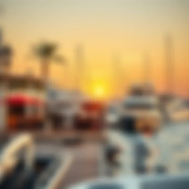 A vibrant marina lifestyle scene with yachts and cafes