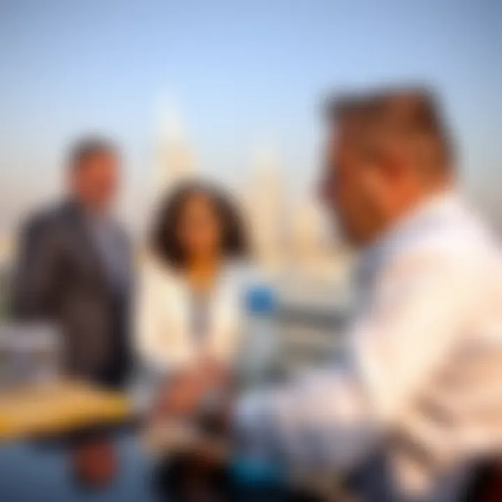 Investors discussing real estate opportunities near the Jumeirah shoreline