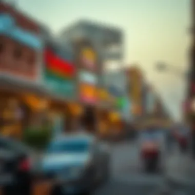 Vibrant Commercial Scene in Al Qusais A busy commercial area in Al Qusais, featuring shops and dining establishments that reflect the neighborhood's vibrancy.