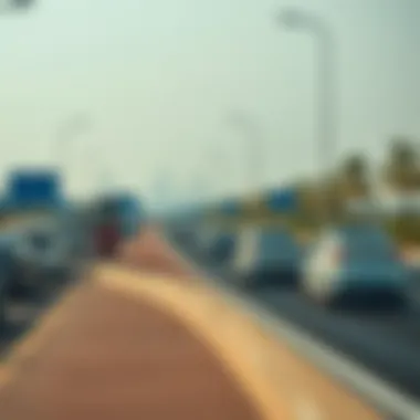 Electric Vehicles on Abu Dhabi's Scenic Highway A scenic view of a highway lined with electric vehicles in Abu Dhabi