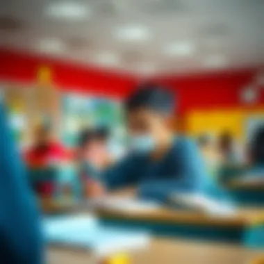 A student studying in a vibrant classroom environment