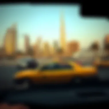 A scenic view of a Dubai taxi driving through iconic landmarks in the city.