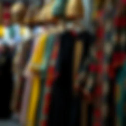 Vibrant traditional abayas displayed at a market
